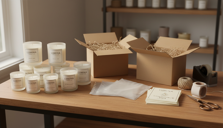 Eye-level view of finished candles arranged beside kraft shipping boxes