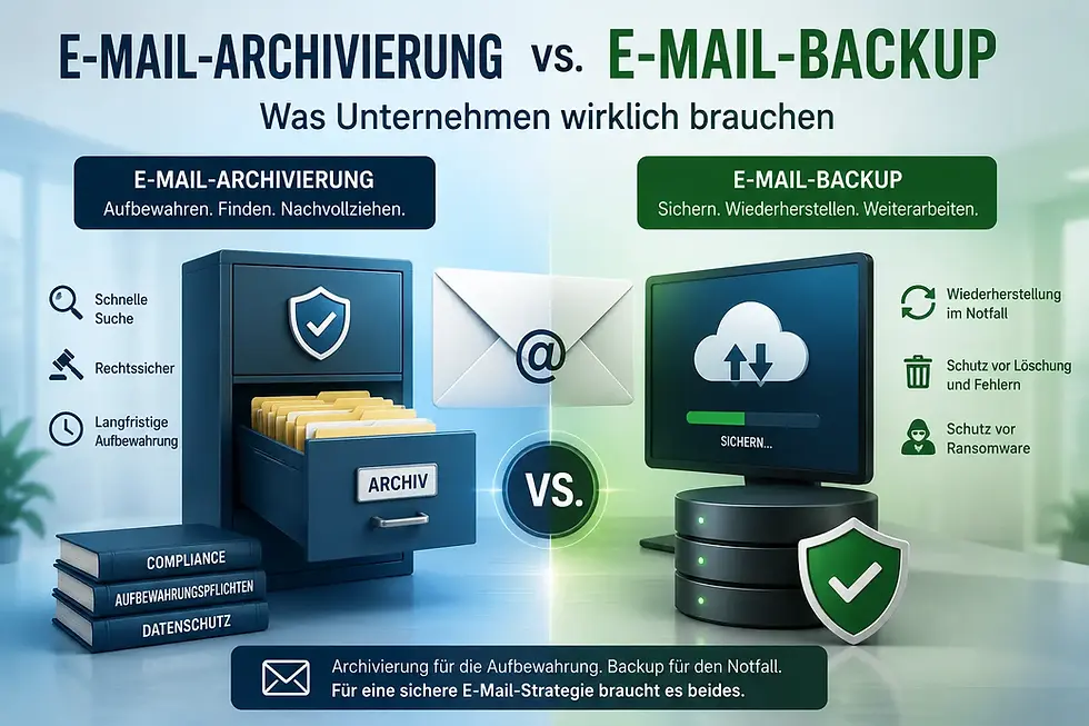 Infografik zum Vergleich E-Mail-Archivierung vs. E-Mail-Backup mit Aktenschrank-Symbol für Archivierung und Server-Symbol für Backup