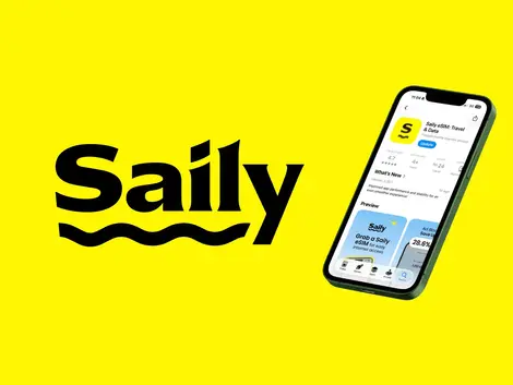 Vibrant yellow background with the stylized black 'Saily' logo. An iPhone to the right displays the 'Saily eSIM: Travel & Data' App Store page, showing the app icon, rating, and previews of global data options.