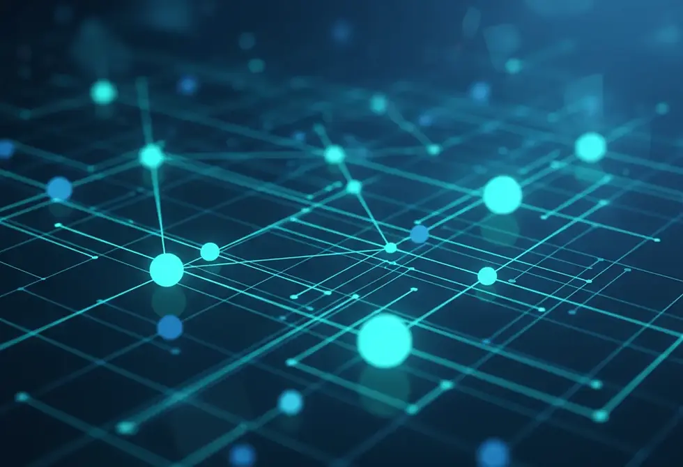 Abstraktes Netzwerk aus leuchtenden Linien und Knotenpunkten auf dunklem Hintergrund – Symbol für die Vernetzung und Qualität von Stammdaten im Master Data Management.