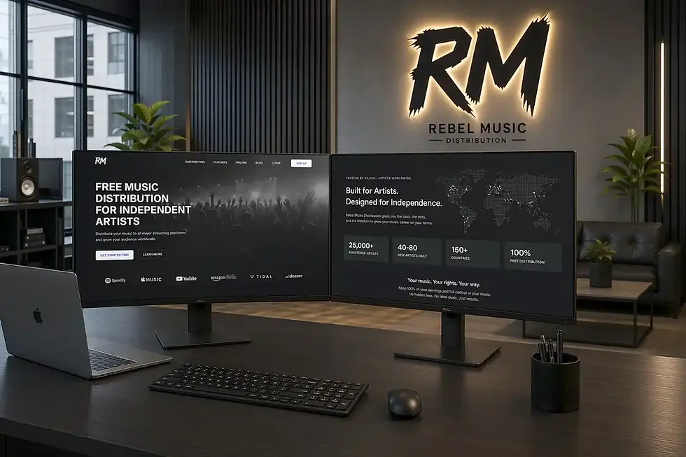 Digital transformation small business dashboard: Rebel Music Distribution office setup showing artist growth stats