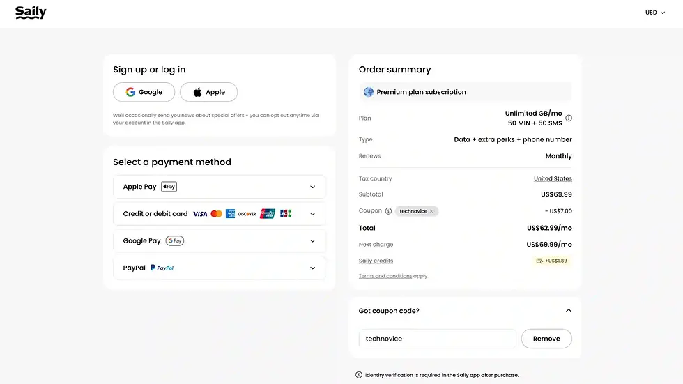 Saily Ultra Premium checkout with TECHNOVICE: first month US$62.99 after a US$7.00 discount; next monthly charge US$69.99.