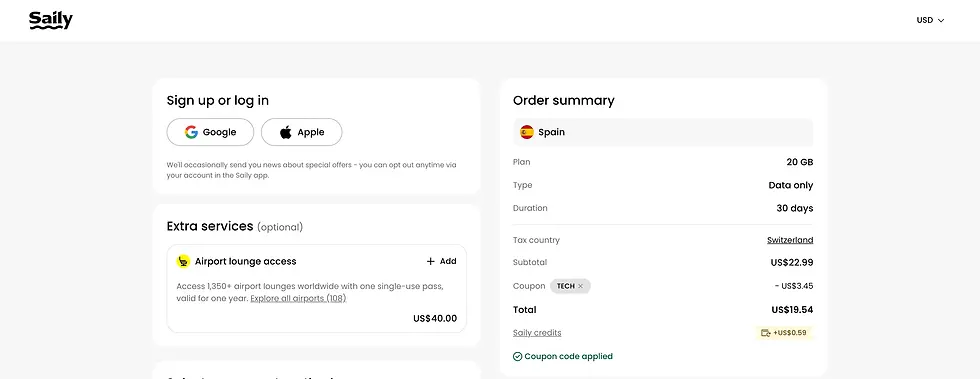 Saily-Checkout-Screenshot mit erfolgreich angewendetem Coupon-Code TECH am 8. Juli 2026 für einen Spanien-Tarif mit 20 GB und 30 Tagen Laufzeit. Ursprünglicher Preis: US$22.99. Rabatt: US$3.45. Endpreis: US$19.54.Alt-Text TECH-Screenshot:Saily-Checkout mit erfolgreich angewendetem Coupon-Code TECH für einen Spanien-eSIM-Tarif mit 20 GB am 8. Juli 2026, reduziert von US$22.99 auf US$19.54.