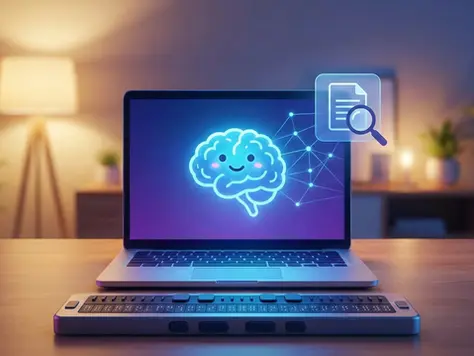 Ein Laptop auf einem Holztisch zeigt auf dem Bildschirm ein leuchtendes, stilisiertes blaues Gehirn mit Netzwerkverbindungen sowie ein Dokumentensymbol mit einer Lupe. Vor dem Laptop liegt eine graue, aktualisierbare Braillezeile. Im unscharfen Hintergrund ist ein gemütlich beleuchtetes Zimmer mit einer Stehlampe und Pflanzen zu sehen. Die Szene symbolisiert die Verbindung von Künstlicher Intelligenz und assistiven Technologien zur Verbesserung der Barrierefreiheit.