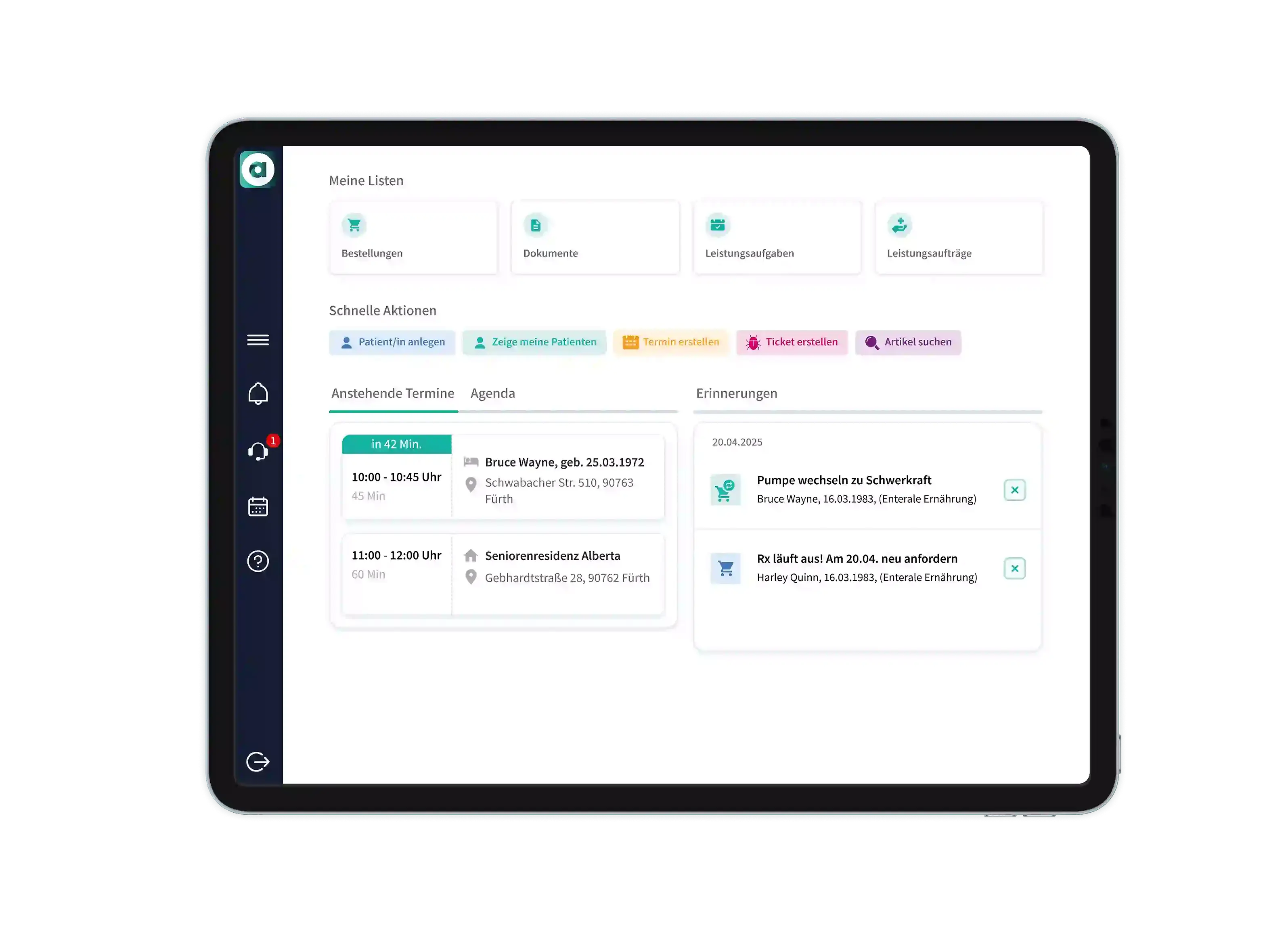 Alberta-Dashboard auf einem Tablet mit Terminen, Aufgaben und Patienteninformationen