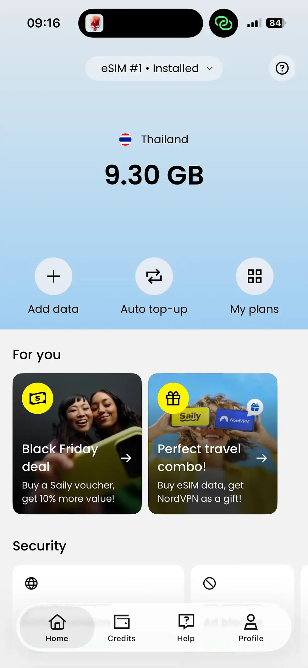 Screenshot of the Saily app interface showing 9.30 GB of remaining data for the Thailand plan.