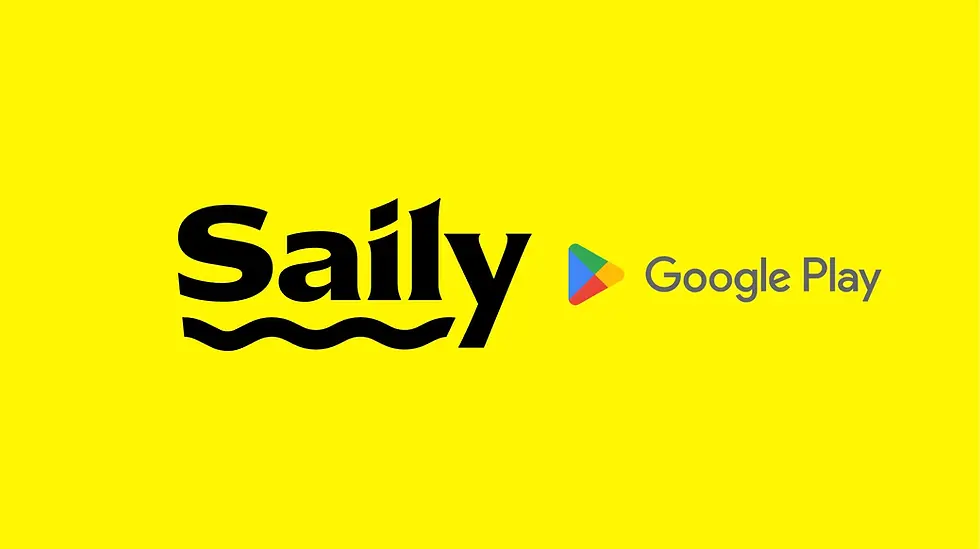 Vibrant yellow background graphic featuring the black "Saily" logo with its wavy line on the left, positioned next to the official "Google Play" logo on the right, indicating app availability on Android devices.