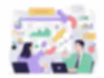Illustration eines Business-Teams, das Feedbackdaten analysiert – mit bunten Diagrammen, CRM-System, Automatisierungspfeilen und Entscheidungsprozessen im Flat Design.