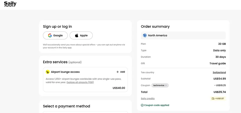 Saily-Checkout mit erfolgreich angewendetem Coupon-Code technovice für einen North America 20 GB eSIM-Tarif am 8. Juli 2026, reduziert von US$54.99 auf US$35.74.