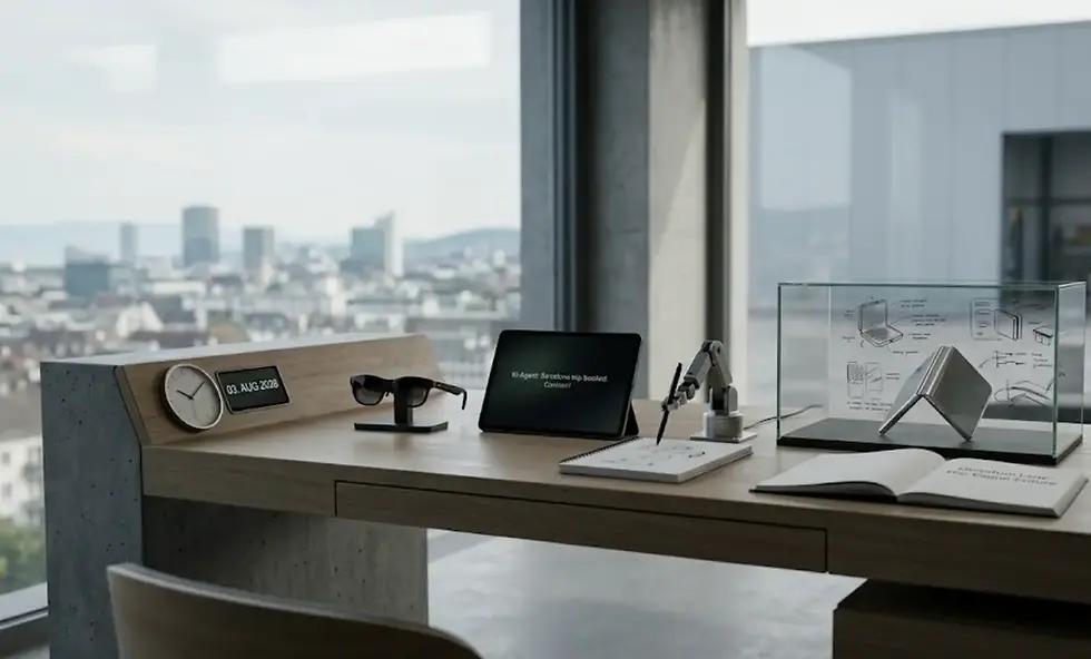 Arbeitsplatz mit Smart Glasses, Tablet mit KI-Agent, Roboterarm und faltbarem Smartphone vor Stadtpanorama