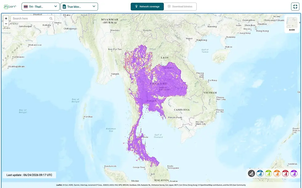 Map showing TrueMove H network coverage across Thailand, strongest in central Thailand and around Bangkok