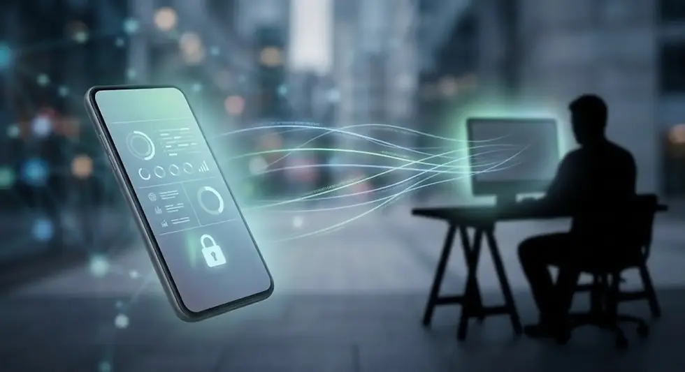 Smartphone, auf dem Symbole des Sicherheits-Dashboards und ein Schloss-Symbol zu sehen sind, während Datenströme zu einer Silhouette fließen, die das Geschehen auf einem Computer überwacht – als Symbol für die Ortung von Smartphones und die Überwachung durch Spyware