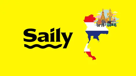 Saily eSIM logo next to an illustrated map of Thailand with the Grand Palace, an elephant and a tuk-tuk