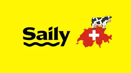 Saily eSIM for Switzerland with Swiss map and cow illustration, representing a local Switzerland eSIM test