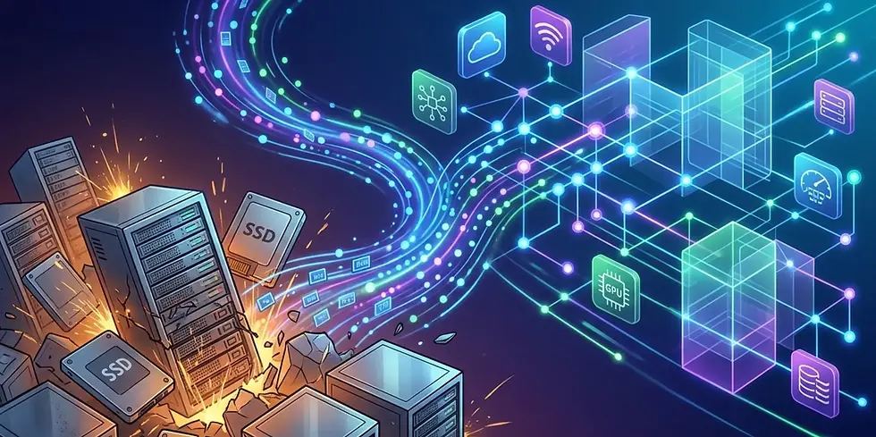 Eine digitale Illustration, die den Übergang von zerbrechenden, physischen Server-Racks und SSDs auf der linken Seite zu einer leuchtenden, vernetzten und flexiblen Datenarchitektur auf der rechten Seite zeigt.