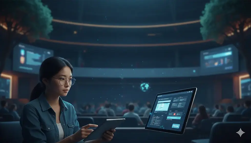 Eine asiatische Studentin nutzt ein Tablet in einem modernen Hörsaal, während über ihr eine digitale Visualisierung eines Gehirns mit Lern-Symbolen schwebt.