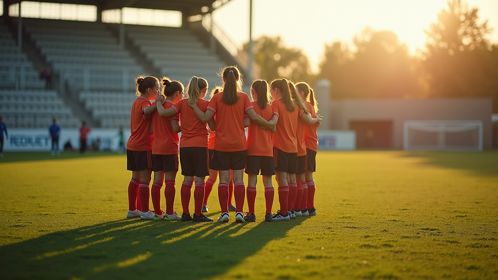 High angle view of a youth soccer team huddled together on the field