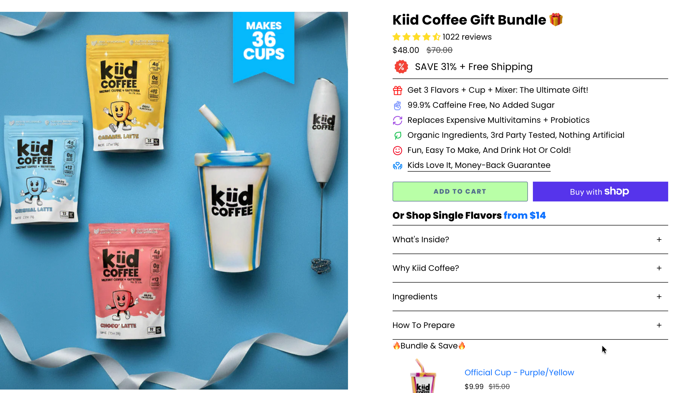 Kiid Coffee DTC online store product page, direct to consumer sales strategy before expanding to 400 U.S. retail locations