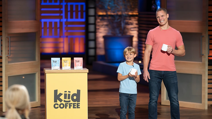 Ethan and David Sanborn pitching Kiid Coffee on Shark Tank Season 16, DTC brand using media exposure to drive retail distribution