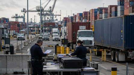 US customs officers inspect cargo documents at a major international port, with stacked shipping containers in the background.