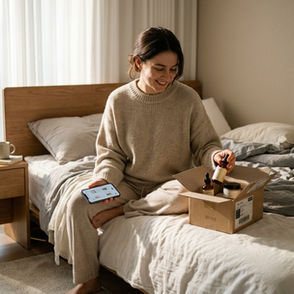 A woman sitting on her bed unboxing a package of Korean skincare products ordered via TikTok Shop