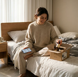 A woman sitting on her bed unboxing a package of Korean skincare products ordered via TikTok Shop