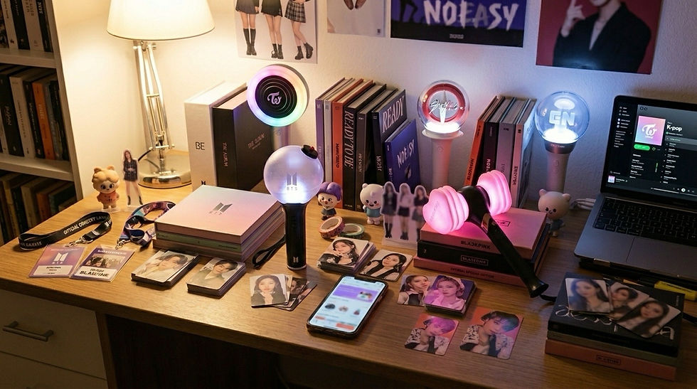 17:01Claude responded: > K-pop merchandise collection including BTS and BLACKPINK light sticks, photocards, and albums popular on TikTok
K-pop merchandise collection including BTS and BLACKPINK light sticks, photocards, and albums popular on TikTok