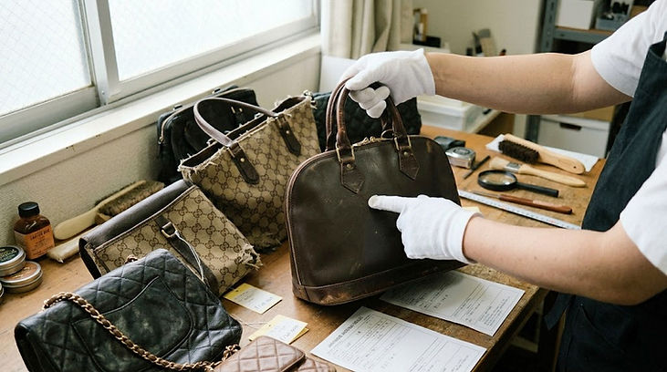 Damaged luxury handbags assessed for resale value, emerging e-commerce business opportunity for independent online sellers