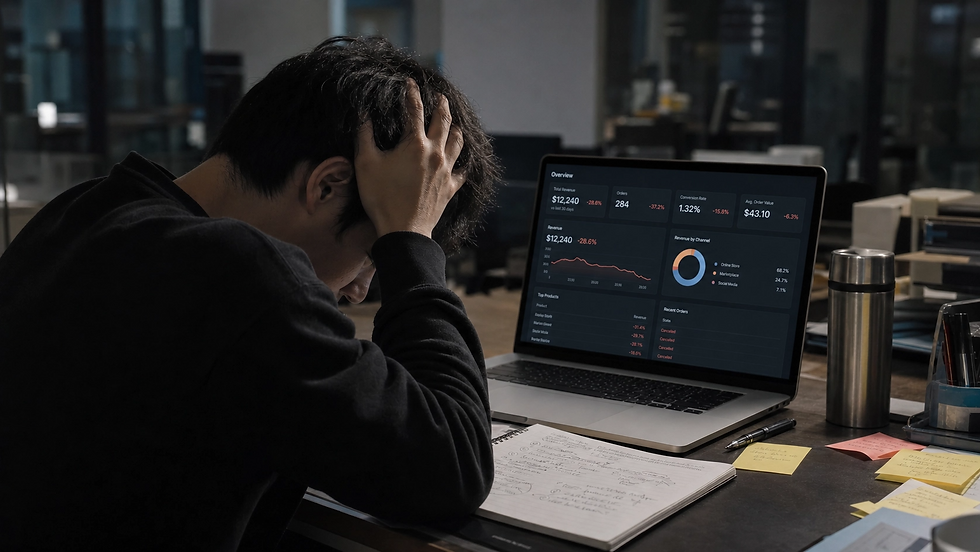Stressed seller at desk with declining e-commerce dashboard, illustrating the impact of late dispatch rate violations on TikTok Shop store health
