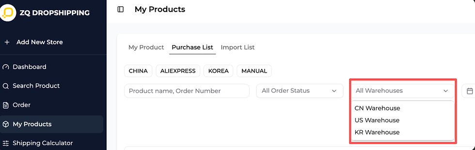 Choosing a fulfillment warehouse at order time in the ZQ Dropshipping system, with CN, US, and KR warehouse options