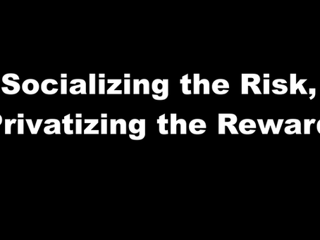 Minimalist graphic with bold white typography on a solid black background reading: "Socializing the Risk, Privatizing the Reward."