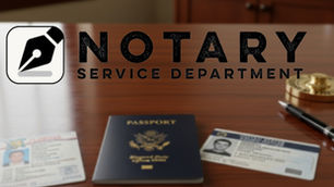 Notary Service Department logo on wood desk with passport, IDs, a black pen, and a gold seal. Professional and official setting.