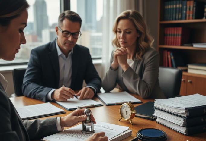 Three people in an office signing documents. Two sit across from the third, who uses a stamp. An antique clock and books are on the table.