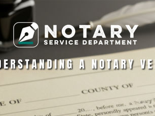 Inkwell and quill on a desk with a document. Text: Notary Service Department, Understanding a Notary Venue. Elegant, informative setting.
