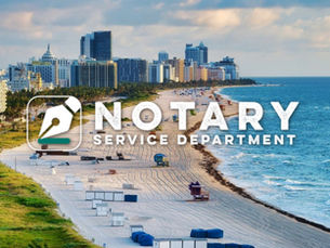 Miami beach skyline and shoreline with large Notary Service Department logo over the center, blue ocean and cloudy sky.