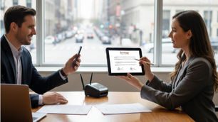 Man and woman in suits at a desk, exchanging info via phone and tablet. Office setting with city view outside. Calm, professional mood.