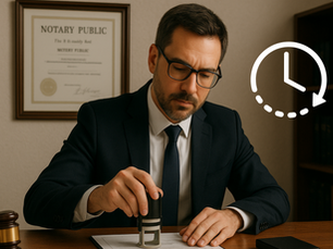 Man in a suit stamping a document in an office. Notary Public certificate on the wall. Clock icon overlay suggests time sensitivity.