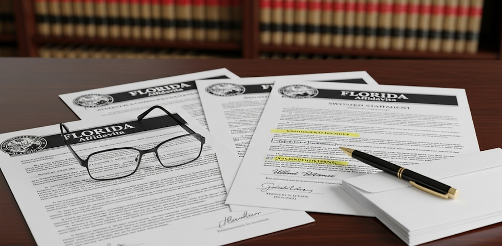 Glasses and pen on Florida Affidavit documents on a wooden table. Highlighted text visible, with shelves of law books in the background.