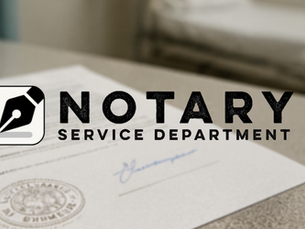 Notary service document on a table, ink pen logo. Blurred background with white paper, blue signature, and embossed seal detail.