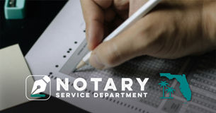 Hand filling out a form with a pencil over a notary document, with Notary Service Department text and a Florida logo.