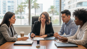 Four people in a business meeting at a table, with documents and a coffee cup. Bright office with palm trees visible through large windows.
