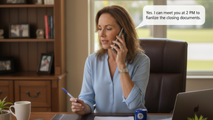 A woman in a blue shirt is on the phone holding a pen. She's in an office, and a speech bubble says she'll meet at 2 PM for documents.