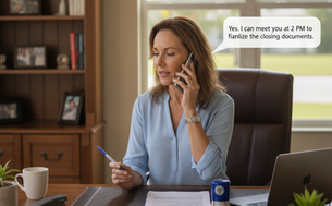 A woman in a blue shirt is on the phone holding a pen. She's in an office, and a speech bubble says she'll meet at 2 PM for documents.