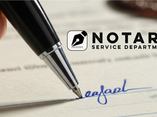 Close-up of a hand holding a pen, signing on paper. To the right, "Notary Service Department" text with a pen nib logo.