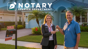 Woman handing keys to a man in front of a house with a "SOLD" sign. Notary Service Department text above. Lush green yard and palm trees.