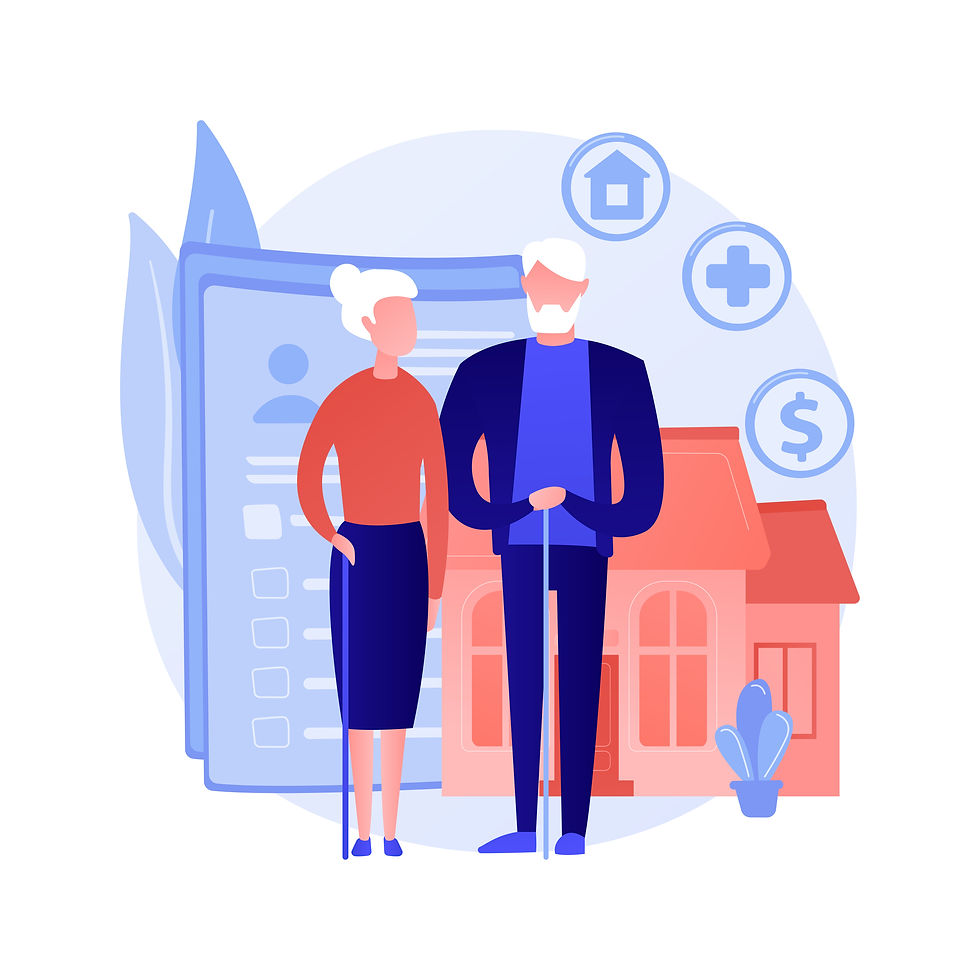Elderly couple with canes in front of a house, surrounded by icons of a home, healthcare, and dollar sign. Soft pastel colors.