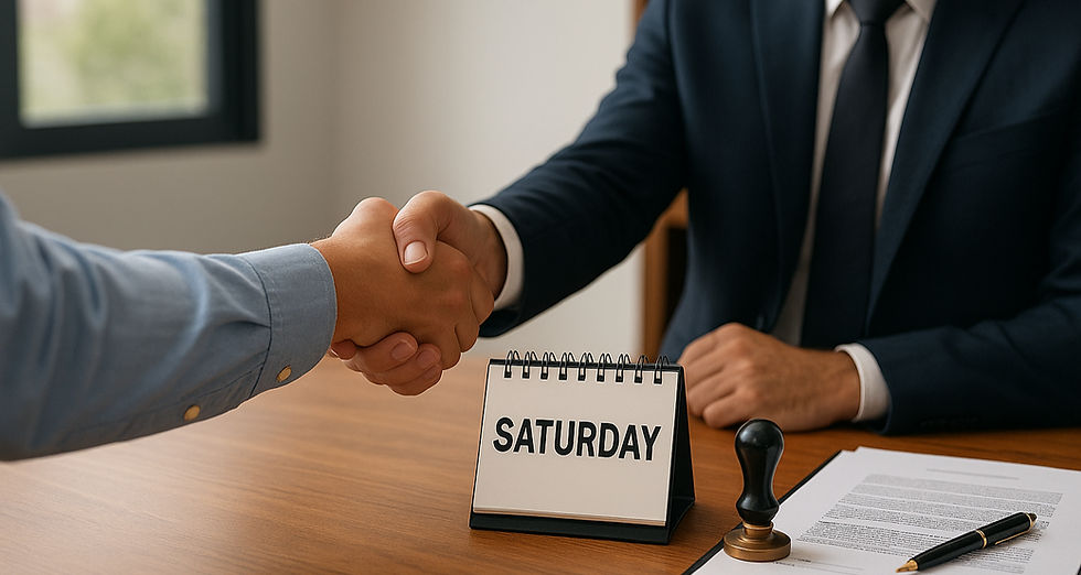 Two people shaking hands over a desk with a "Saturday" calendar, document, and pen. Professional setting with a formal atmosphere.