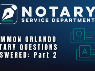 Blue background with Notary Service Department logo. Text: "Common Orlando Notary Questions Answered: Part 2." Q&A icons.