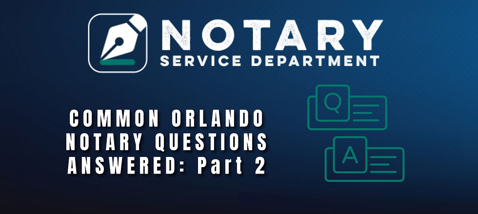 Blue background with Notary Service Department logo. Text: "Common Orlando Notary Questions Answered: Part 2." Q&A icons.
