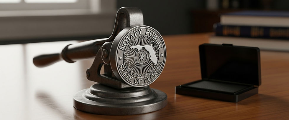 A metal notary public seal from Florida sits on a wooden desk beside an open black ink pad. Books are blurred in the background.